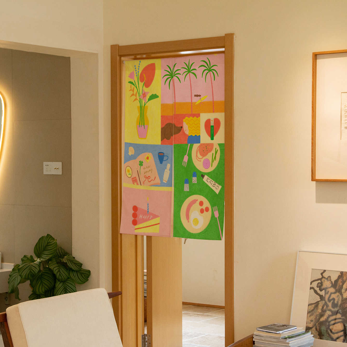Commercial Kitchen Ceiling - Tenda Noren Tropicale Disegnata a Mano